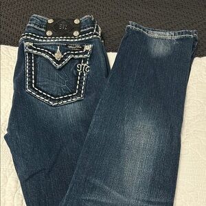 Miss Me Blue straight Jeans with Decorative Stitching and Embellishments